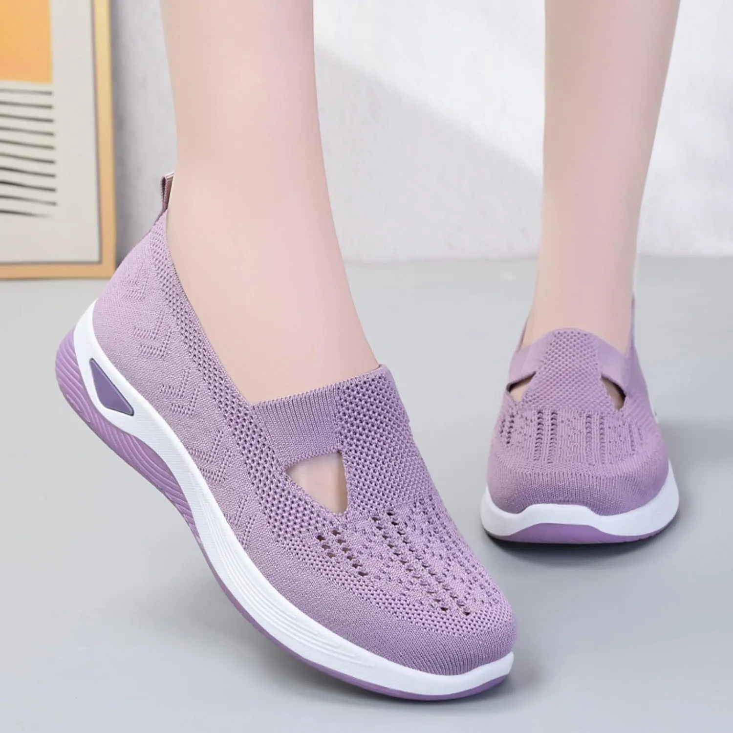 Women Casual Slip On Sneakers Breathable Knit Walking Shoes Lightweight Loafers Non Slip Comfortable Flats