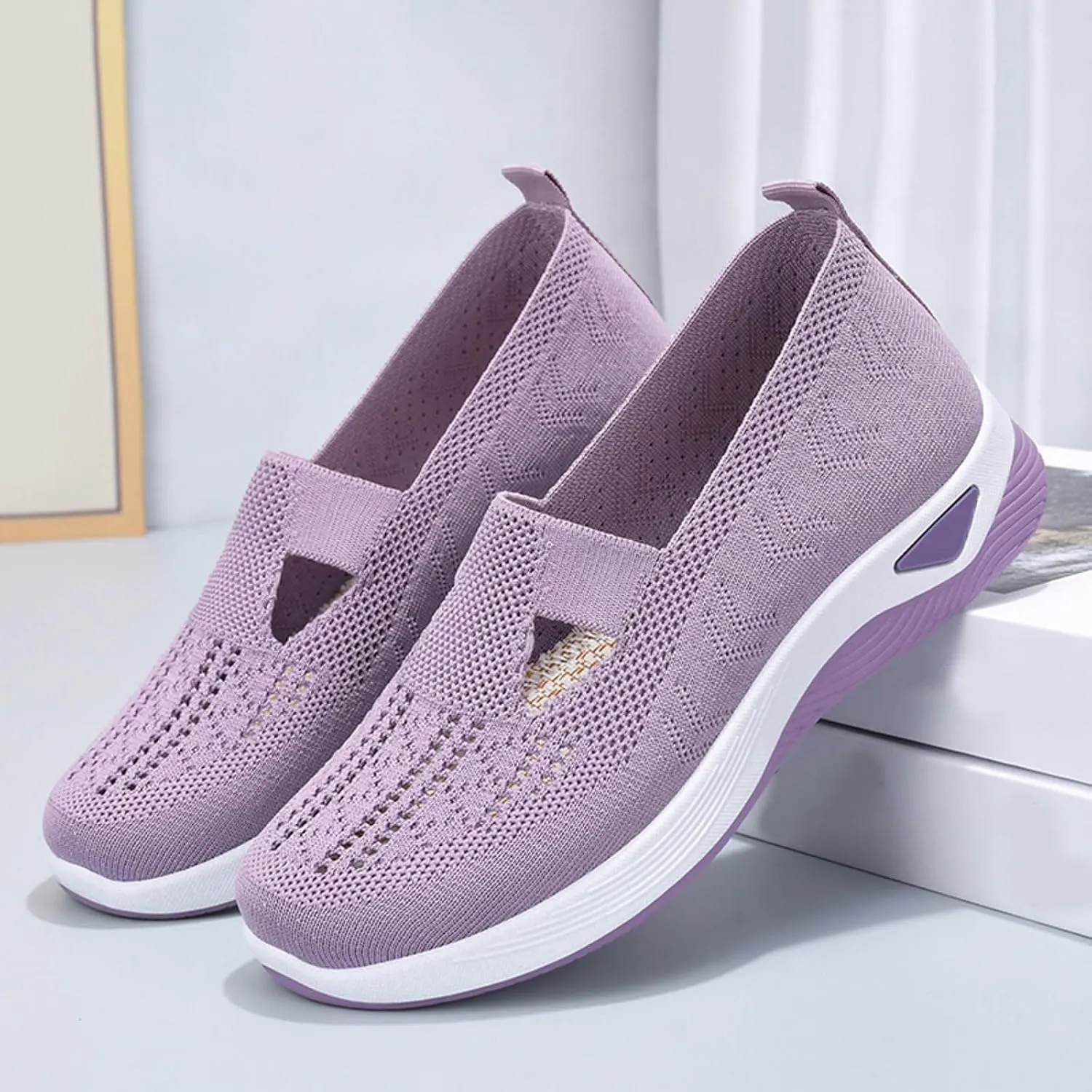 Women Casual Slip On Sneakers Breathable Knit Walking Shoes Lightweight Loafers Non Slip Comfortable Flats