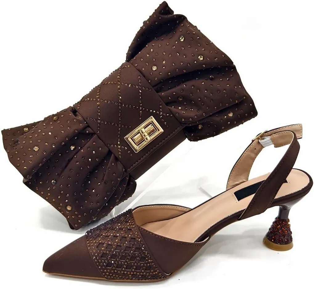 Women Crystal Pumps Shoes and Bag Set African Design Sandal Stones Shoes and Bag Set for Wedding Dress