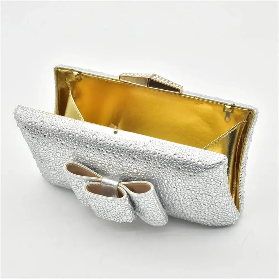 Women Italian Rhinestone Decorated Shoes and Matching Bag Set Elegant Square Heel for Party and Wedding