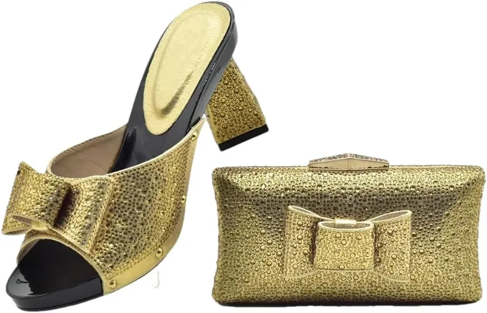Women Italian Rhinestone Decorated Shoes and Matching Bag Set Elegant Square Heel for Party and Wedding