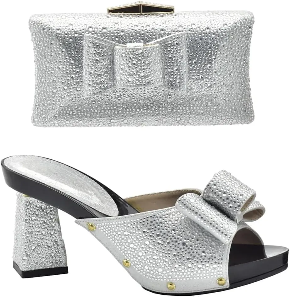 Women Italian Rhinestone Decorated Shoes and Matching Bag Set Elegant Square Heel for Party and Wedding