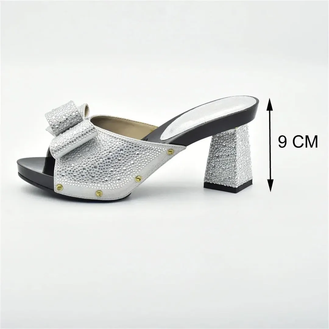 Women Italian Rhinestone Decorated Shoes and Matching Bag Set Elegant Square Heel for Party and Wedding