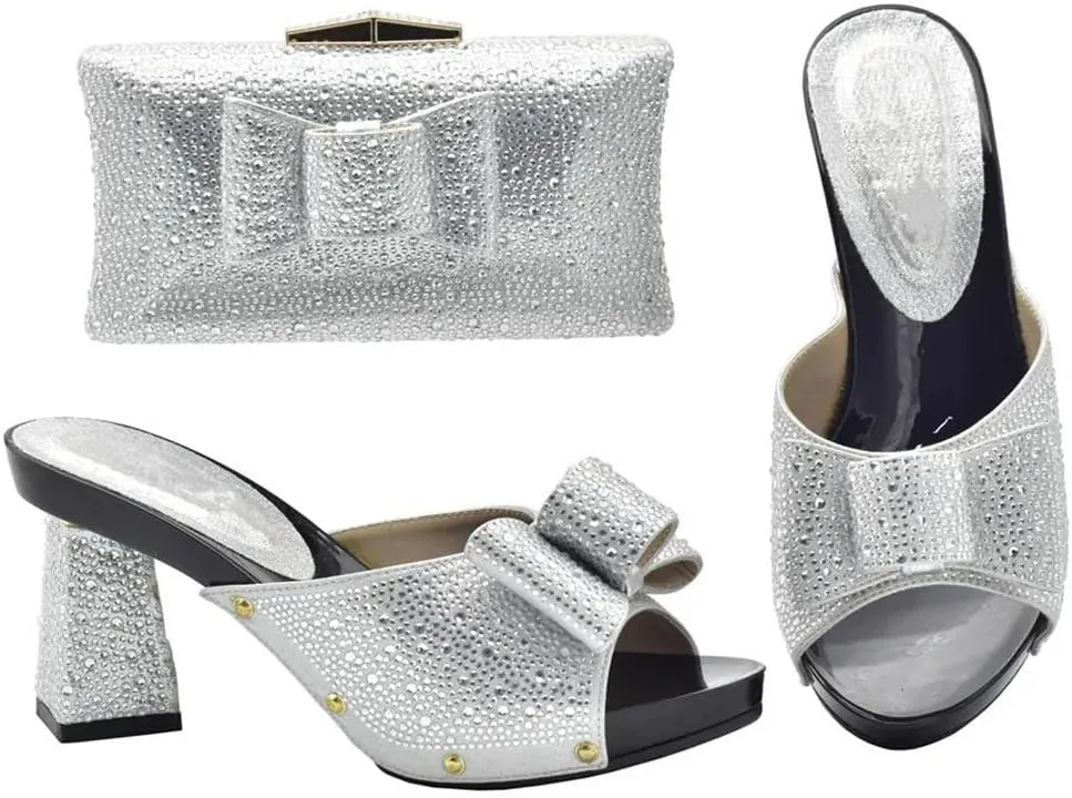Women Italian Rhinestone Decorated Shoes and Matching Bag Set Elegant Square Heel for Party and Wedding