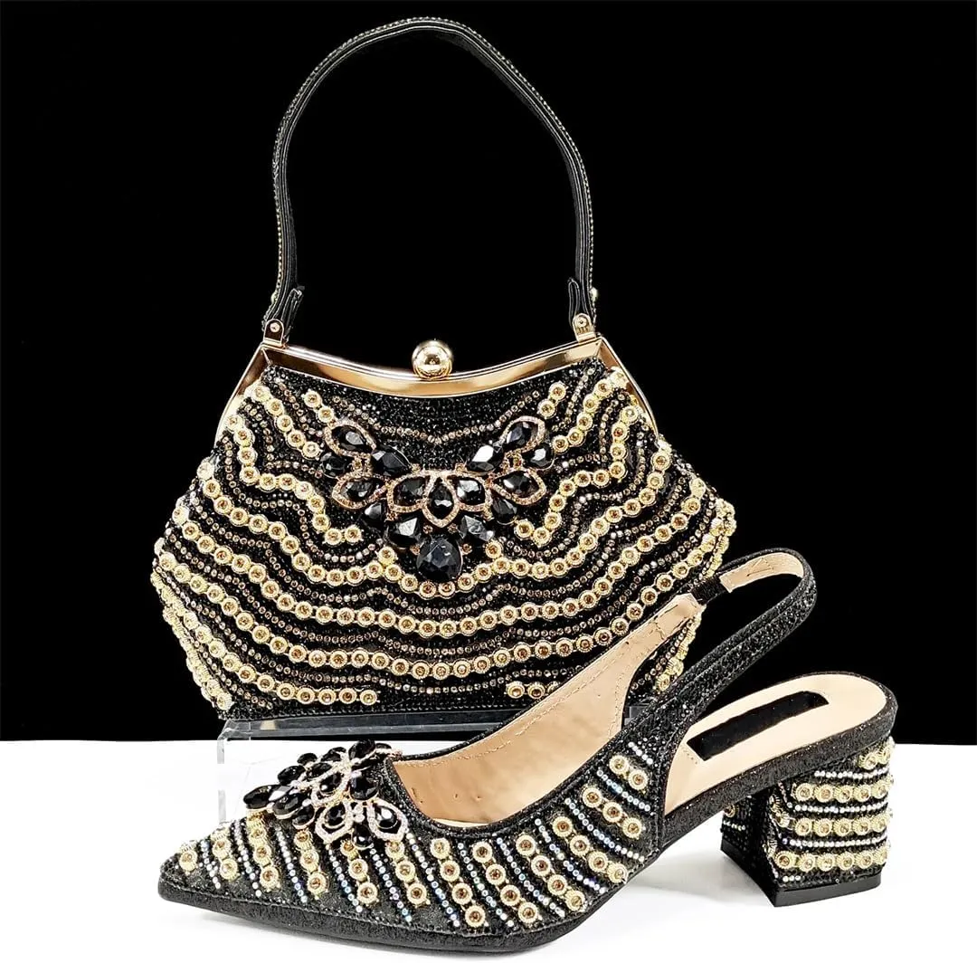 Women Italian Shoes and Bag Sets for Evening Party Stone Decorated Buckle Strap Thin Heel Pumps