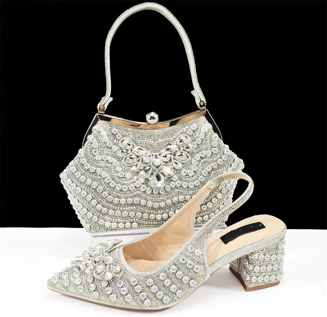 Women Italian Shoes and Bag Sets for Evening Party Stone Decorated Buckle Strap Thin Heel Pumps
