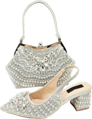 Women Italian Shoes and Bag Sets for Evening Party Stone Decorated Buckle Strap Thin Heel Pumps
