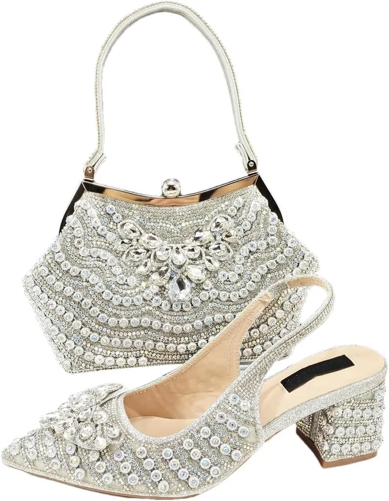 Women Italian Shoes and Bag Sets for Evening Party Stone Decorated Buckle Strap Thin Heel Pumps