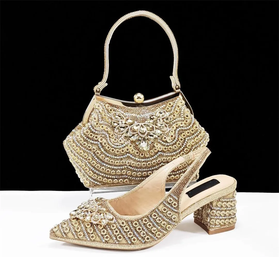 Women Italian Shoes and Bag Sets for Evening Party Stone Decorated Buckle Strap Thin Heel Pumps