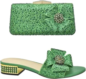 Women Italian Shoes and Bags Matching Set Slip-On Low Heels Floral Crystal Square Heel Shoe and Bag for Party