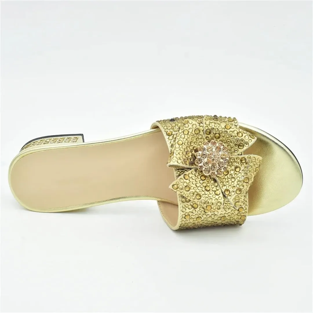 Women Italian Shoes and Bags Matching Set Slip-On Low Heels Floral Crystal Square Heel Shoe and Bag for Party