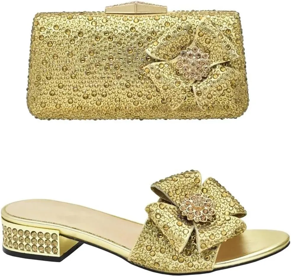 Women Italian Shoes and Bags Matching Set Slip-On Low Heels Floral Crystal Square Heel Shoe and Bag for Party