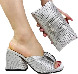Women Round Toe High Heels Slip-On Elegant Sequin Bow Knot Shoe and Bag Set for Wedding Party