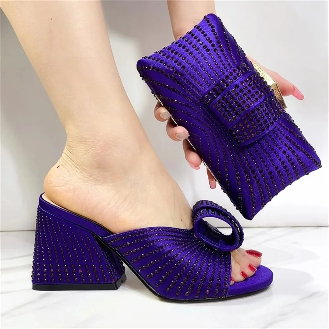 Women Round Toe High Heels Slip-On Elegant Sequin Bow Knot Shoe and Bag Set for Wedding Party