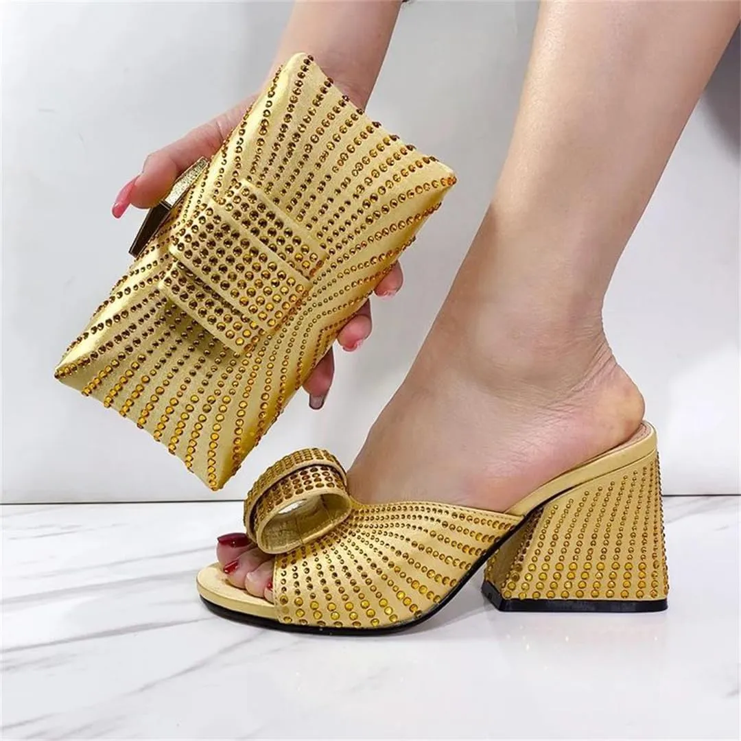 Women Round Toe High Heels Slip-On Elegant Sequin Bow Knot Shoe and Bag Set for Wedding Party