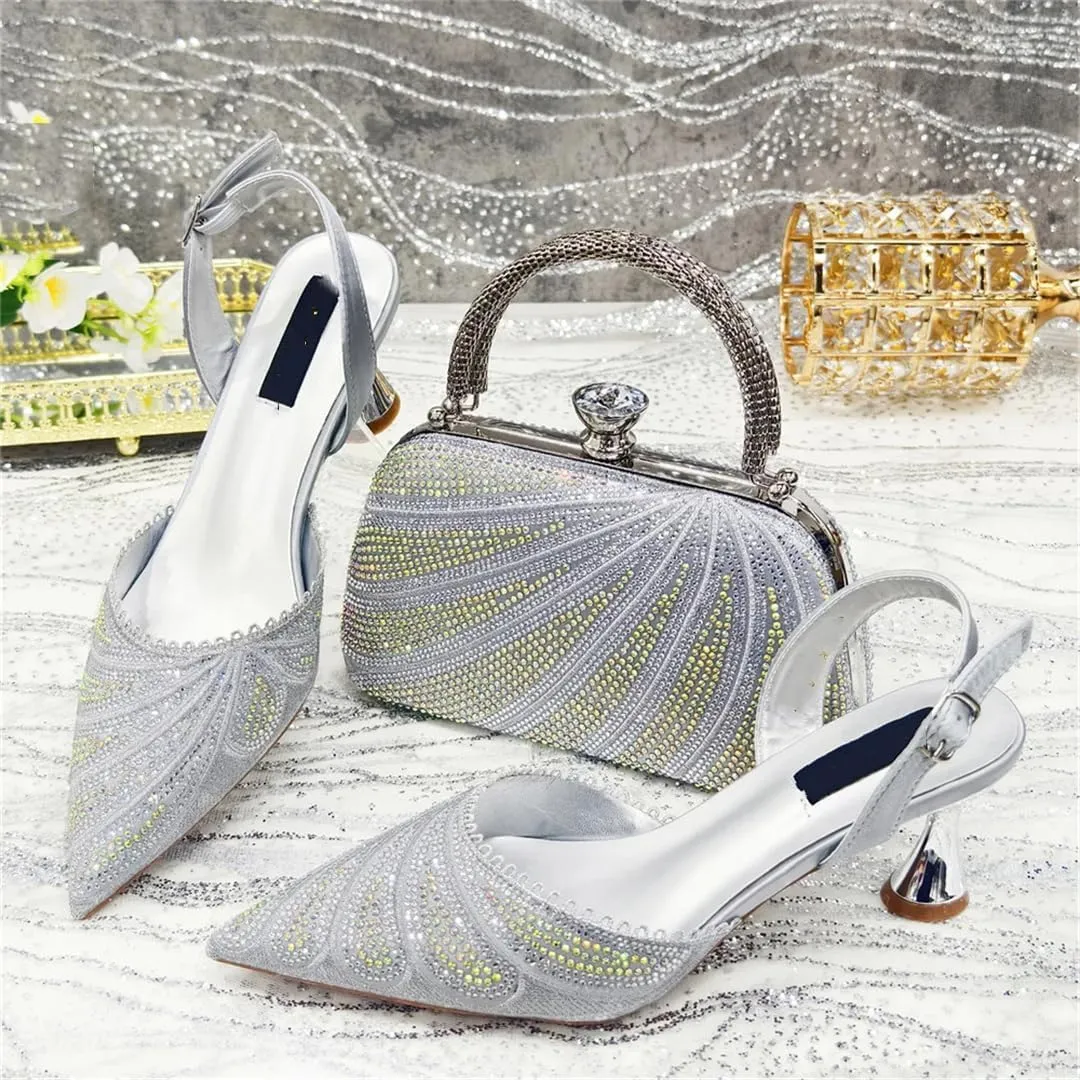Women Shoes and Bag Set African Medium Heels Pumps Match with Handbag Round Heel Buckle Strap Crystal Decoration