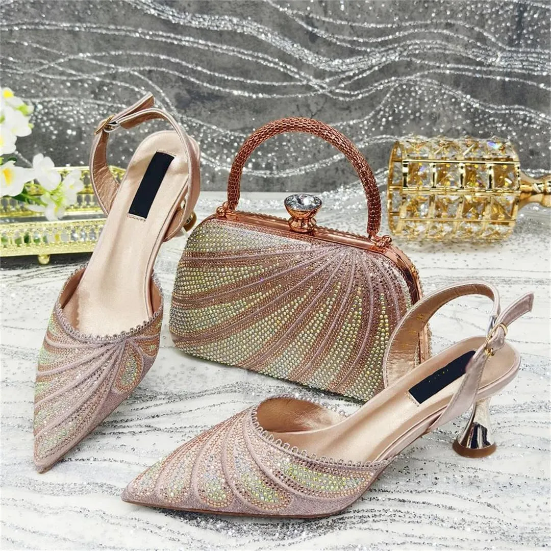 Women Shoes and Bag Set African Medium Heels Pumps Match with Handbag Round Heel Buckle Strap Crystal Decoration