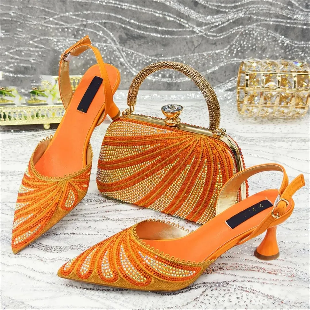 Women Shoes and Bag Set African Medium Heels Pumps Match with Handbag Round Heel Buckle Strap Crystal Decoration