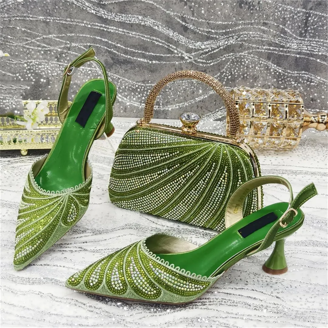 Women Shoes and Bag Set African Medium Heels Pumps Match with Handbag Round Heel Buckle Strap Crystal Decoration