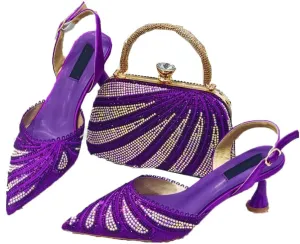 Women Shoes and Bag Set African Medium Heels Pumps Match with Handbag Round Heel Buckle Strap Crystal Decoration