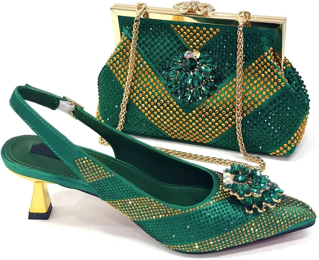 Women Shoes and Bag Set African Stones Pumps with Handbag Thin Heels High Elegant Crystal Decoration Basic Pump