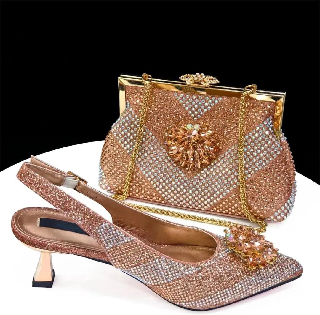 Women Shoes and Bag Set African Stones Pumps with Handbag Thin Heels High Elegant Crystal Decoration Basic Pump