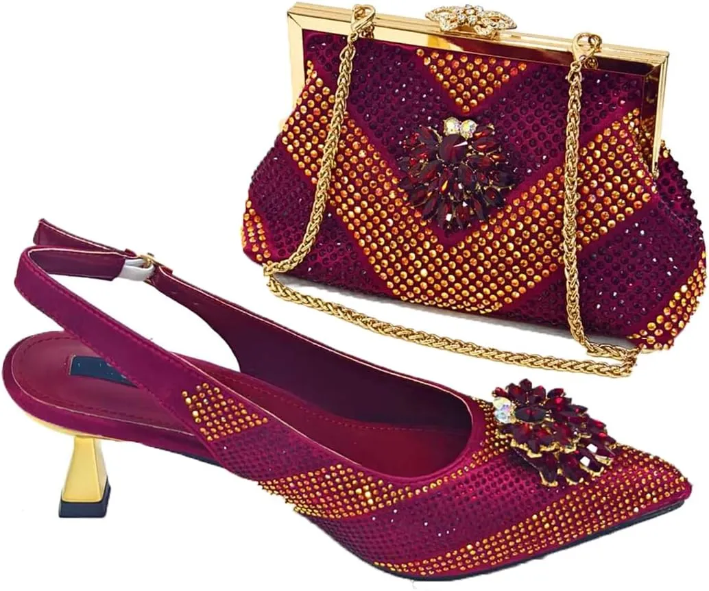 Women Shoes and Bag Set African Stones Pumps with Handbag Thin Heels High Elegant Crystal Decoration Basic Pump