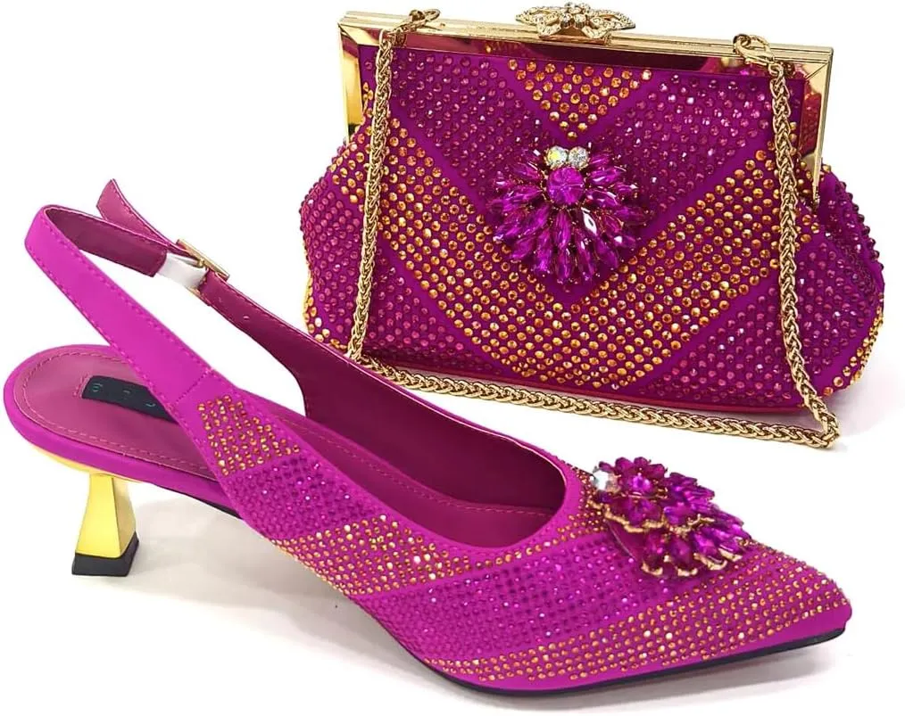 Women Shoes and Bag Set African Stones Pumps with Handbag Thin Heels High Elegant Crystal Decoration Basic Pump