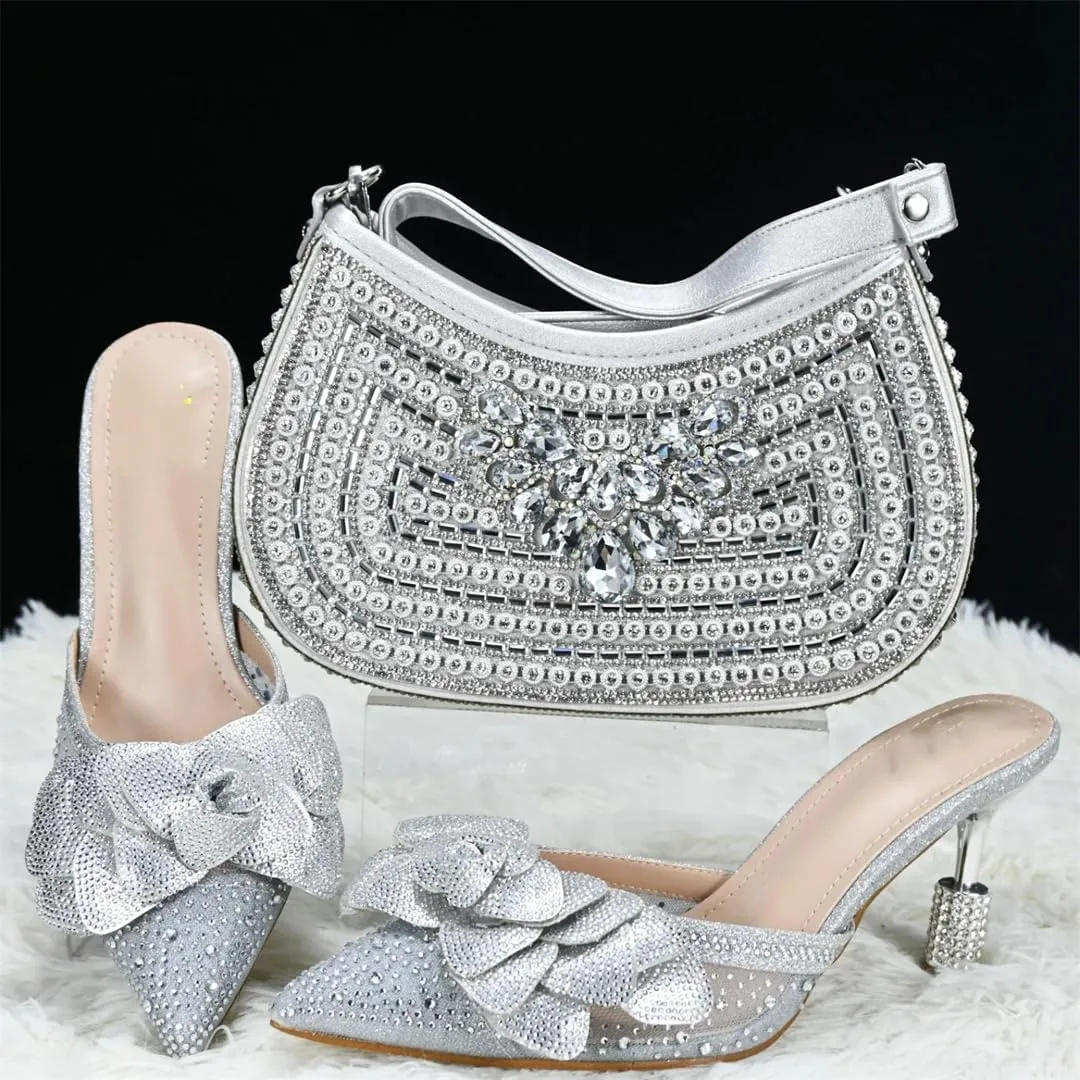 Women Shoes and Bag Set Thin Heel Buckle Strap Pumps Wedding Shoe Bag Matching Set
