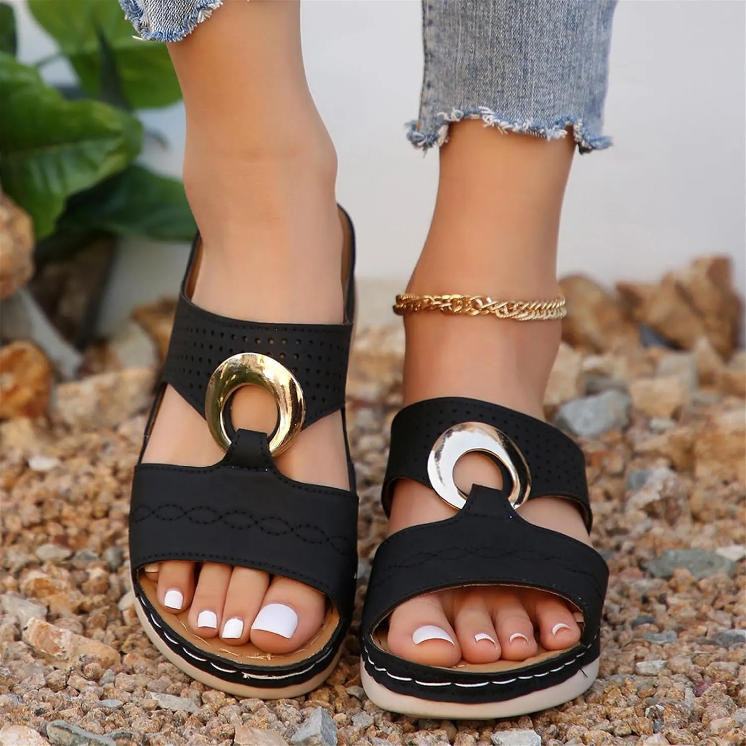 Womens 2025 Casual Wedges Hollow Out Open Toe Platform Comfortable Breathable Slip On Comfy Orthotic Wide Width Beach Walking Sandals Slippers