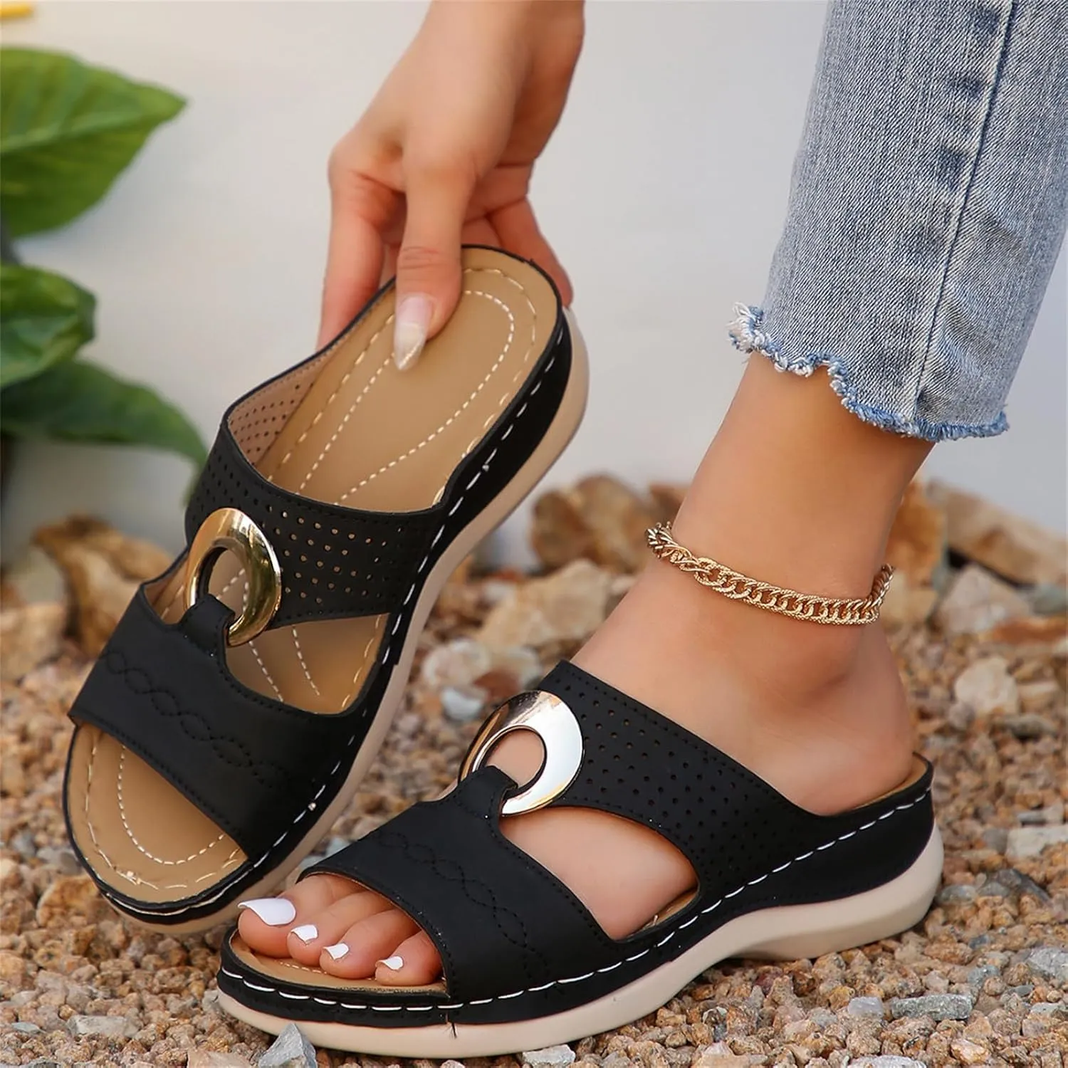 Womens 2025 Casual Wedges Hollow Out Open Toe Platform Comfortable Breathable Slip On Comfy Orthotic Wide Width Beach Walking Sandals Slippers