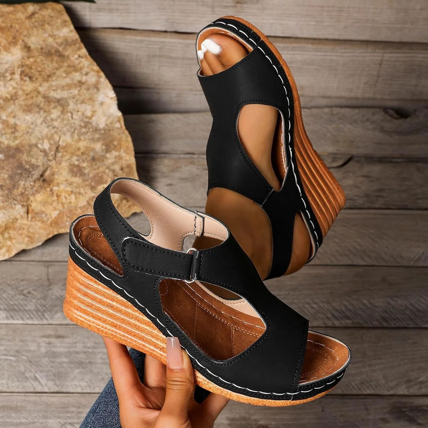 Women's Casual Sandals, Comfortable Open Toe Wedge Sandals with Arch Support, Stylish Fish Mouth Design for Daily Wear and Vacations