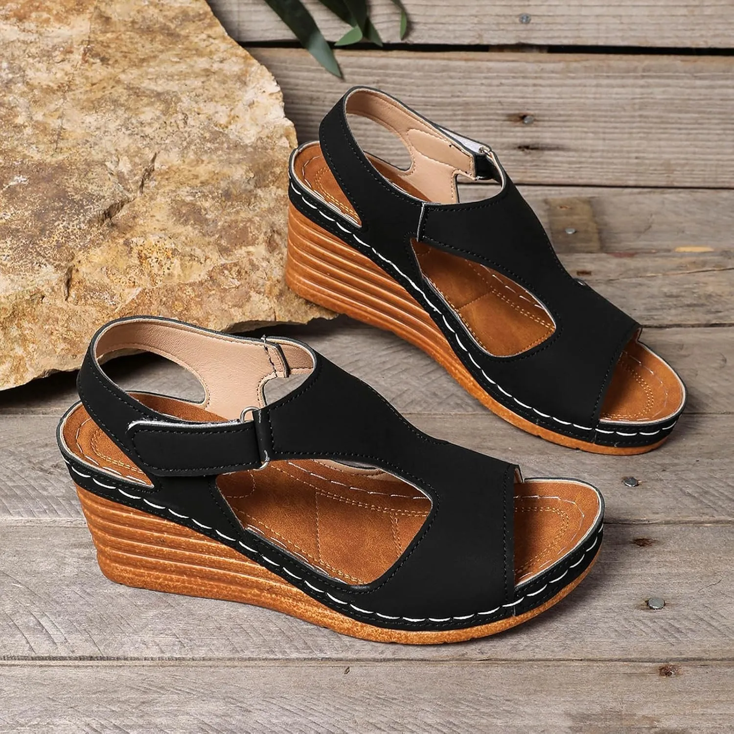 Women's Casual Sandals, Comfortable Open Toe Wedge Sandals with Arch Support, Stylish Fish Mouth Design for Daily Wear and Vacations