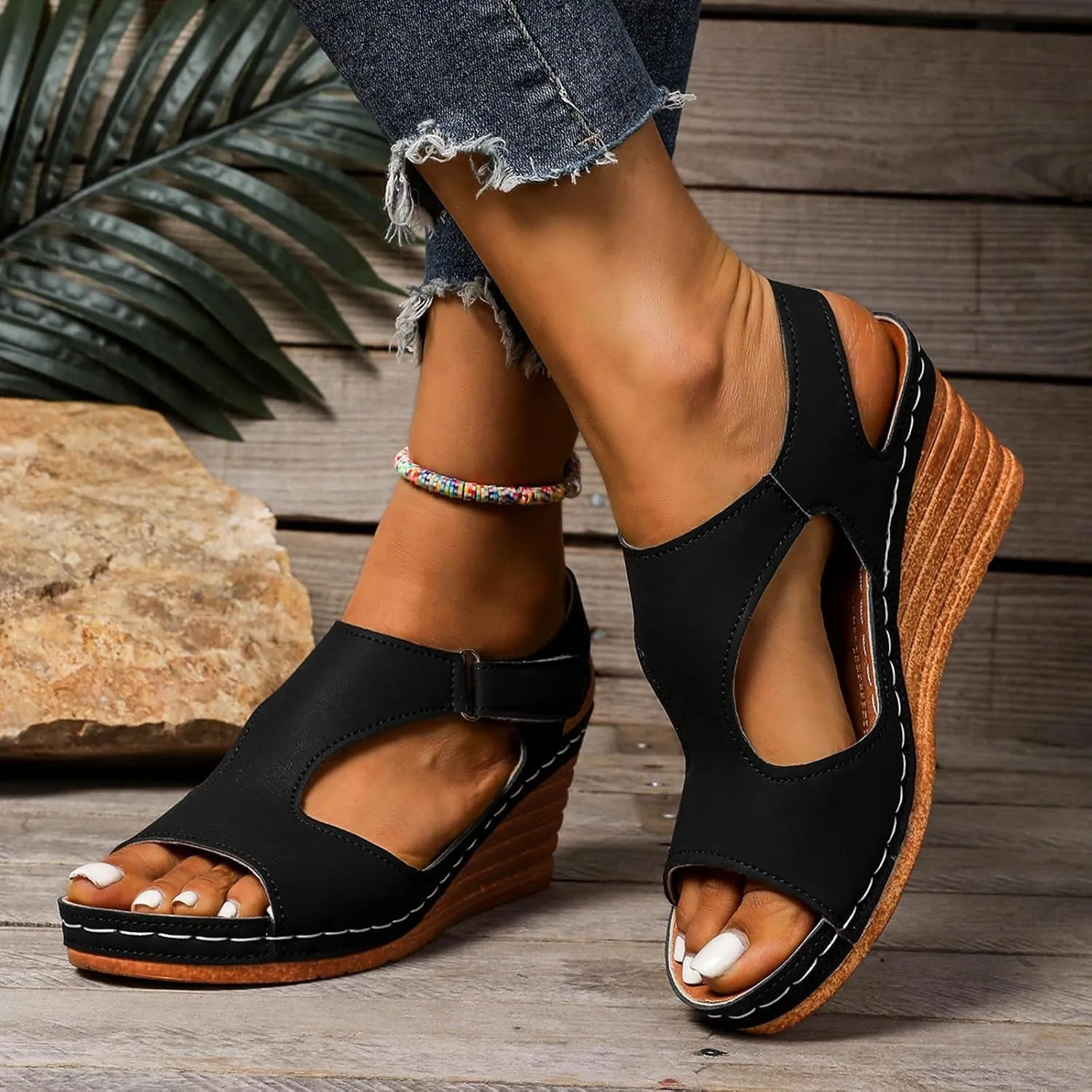 Women's Casual Sandals, Comfortable Open Toe Wedge Sandals with Arch Support, Stylish Fish Mouth Design for Daily Wear and Vacations