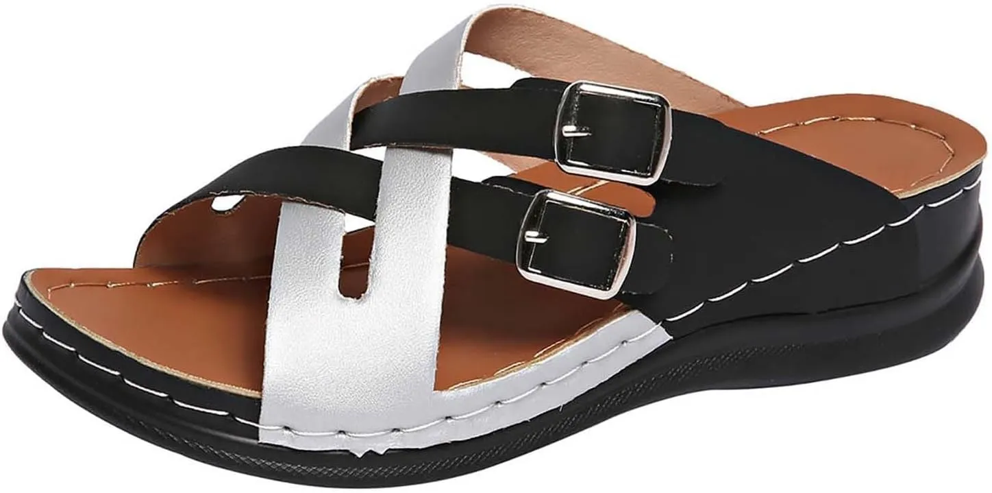 Womens Comfortable Sandals Wedge Shoes Orthopedic Low Wedge Slides Sandals Fashion Cross Strappy Buckle Walking Beach Slippers Casual Bohemia Outdoor Wedges