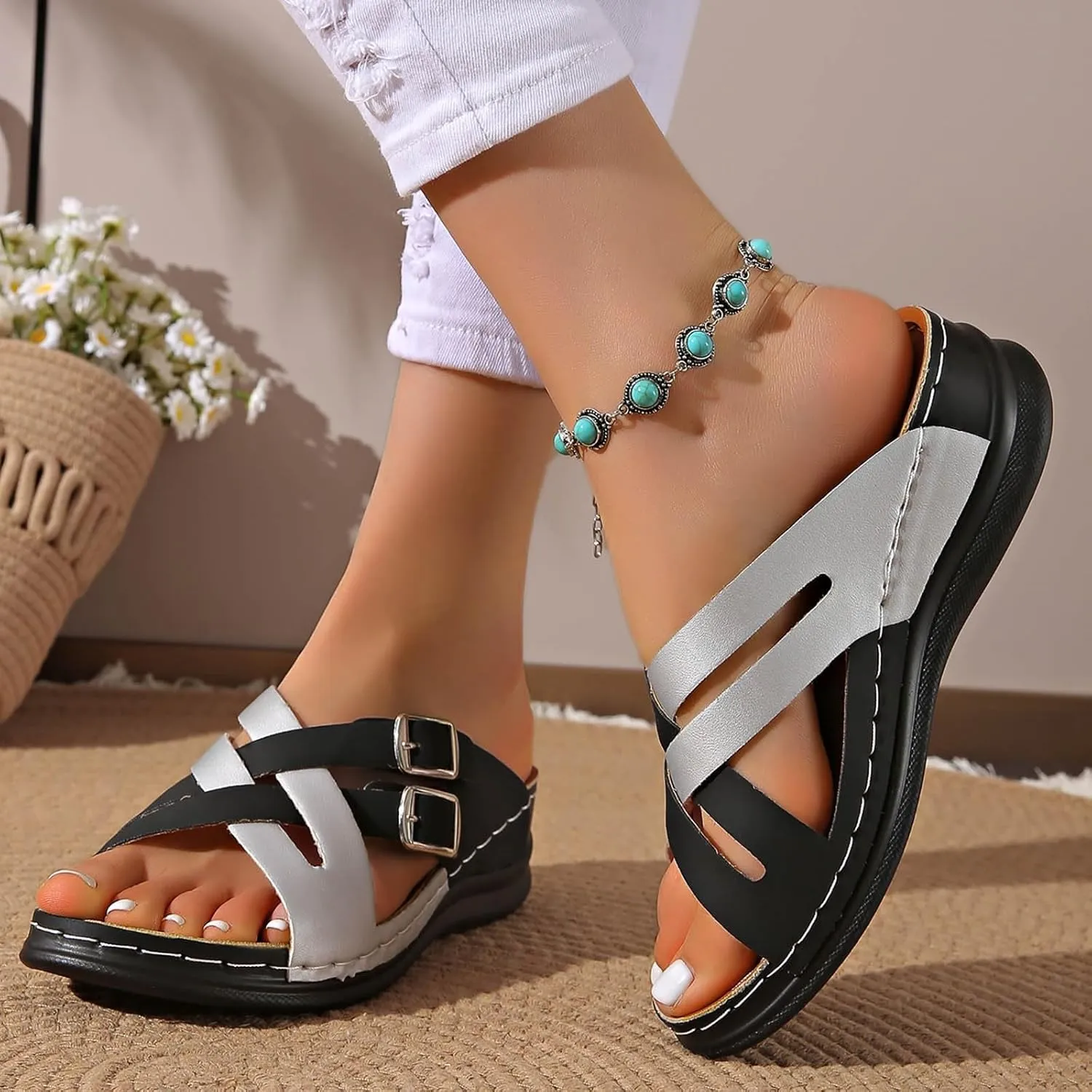Womens Comfortable Sandals Wedge Shoes Orthopedic Low Wedge Slides Sandals Fashion Cross Strappy Buckle Walking Beach Slippers Casual Bohemia Outdoor Wedges