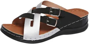 Womens Comfortable Sandals Wedge Shoes Orthopedic Low Wedge Slides Sandals Fashion Cross Strappy Buckle Walking Beach Slippers Casual Bohemia Outdoor Wedges