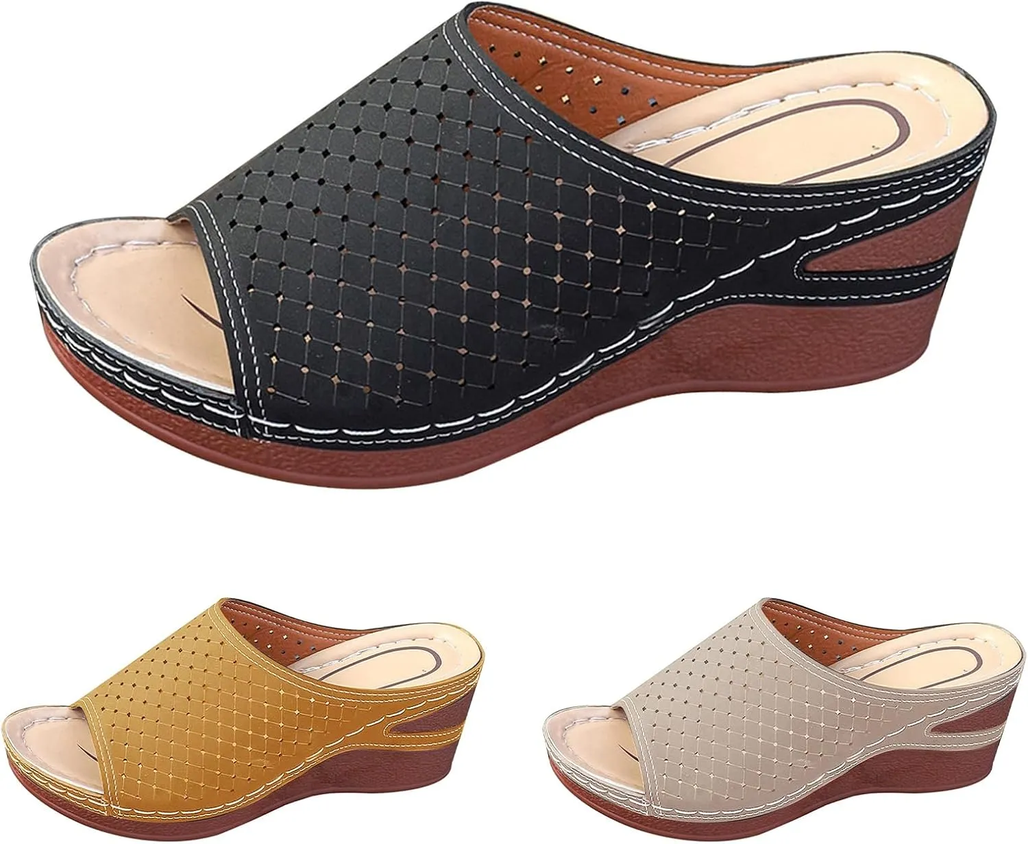 Womens Leather Comfy Platform Low Wedge Heel Buckle Slide Sandals Slip On Dressy Summer Comfortable Slides Lightweight Memory Foam Platform Shoes