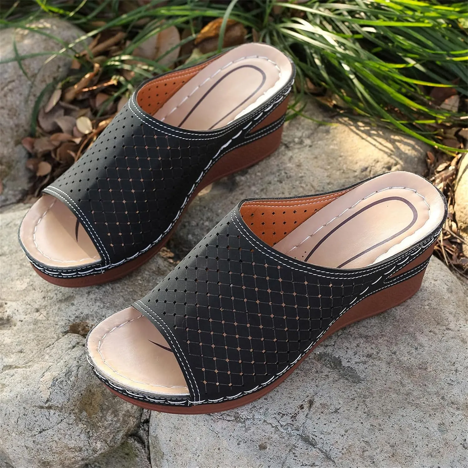 Womens Leather Comfy Platform Low Wedge Heel Buckle Slide Sandals Slip On Dressy Summer Comfortable Slides Lightweight Memory Foam Platform Shoes