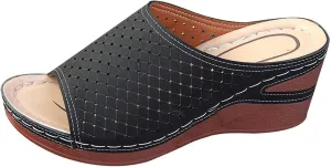 Womens Leather Comfy Platform Low Wedge Heel Buckle Slide Sandals Slip On Dressy Summer Comfortable Slides Lightweight Memory Foam Platform Shoes