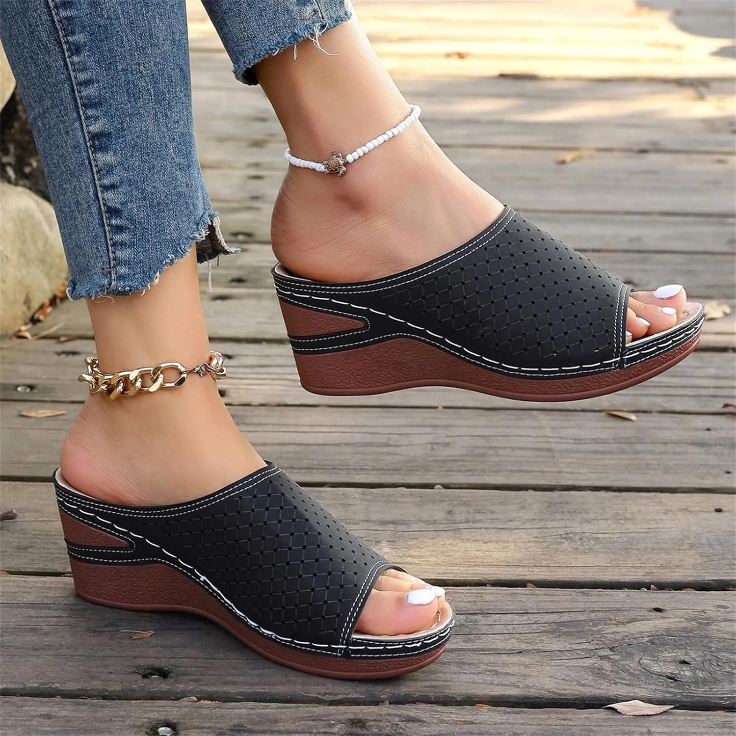 Womens Leather Comfy Platform Low Wedge Heel Buckle Slide Sandals Slip On Dressy Summer Comfortable Slides Lightweight Memory Foam Platform Shoes