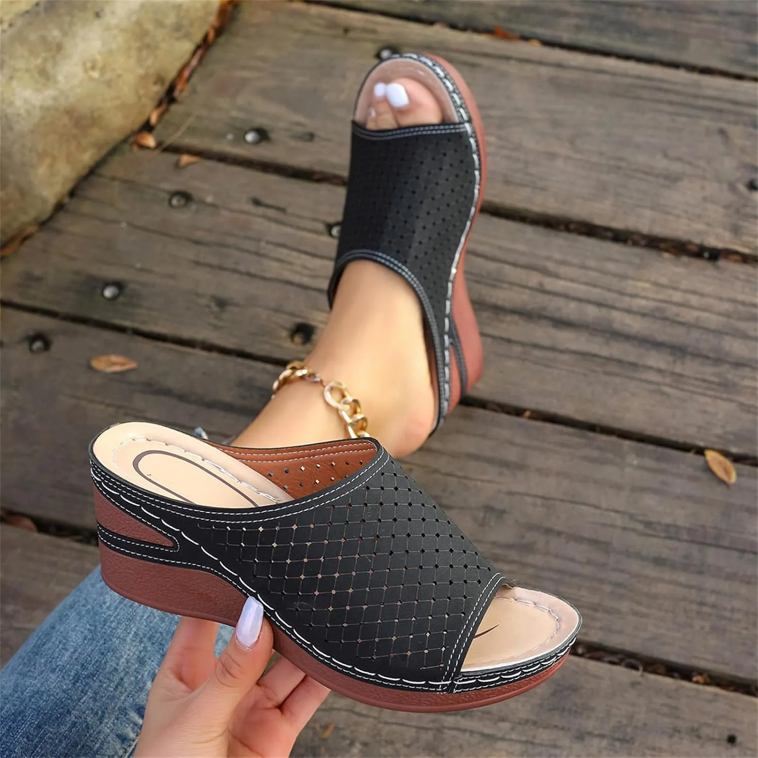 Womens Leather Comfy Platform Low Wedge Heel Buckle Slide Sandals Slip On Dressy Summer Comfortable Slides Lightweight Memory Foam Platform Shoes