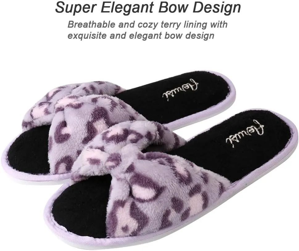 Womens Plush Terry Open Toe Memory Foam Spa Slippers Rubber Sole Bowknot House Slides for Women