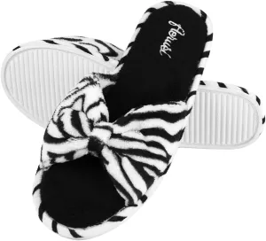 Womens Plush Terry Open Toe Memory Foam Spa Slippers Rubber Sole Bowknot House Slides for Women