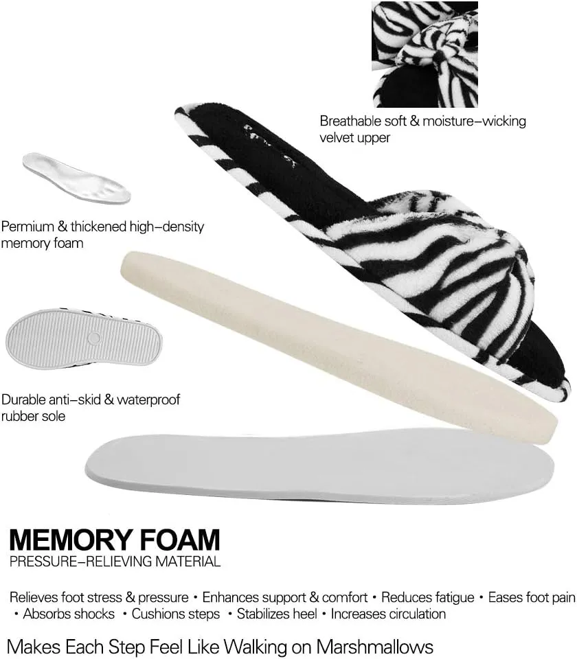 Womens Plush Terry Open Toe Memory Foam Spa Slippers Rubber Sole Bowknot House Slides for Women