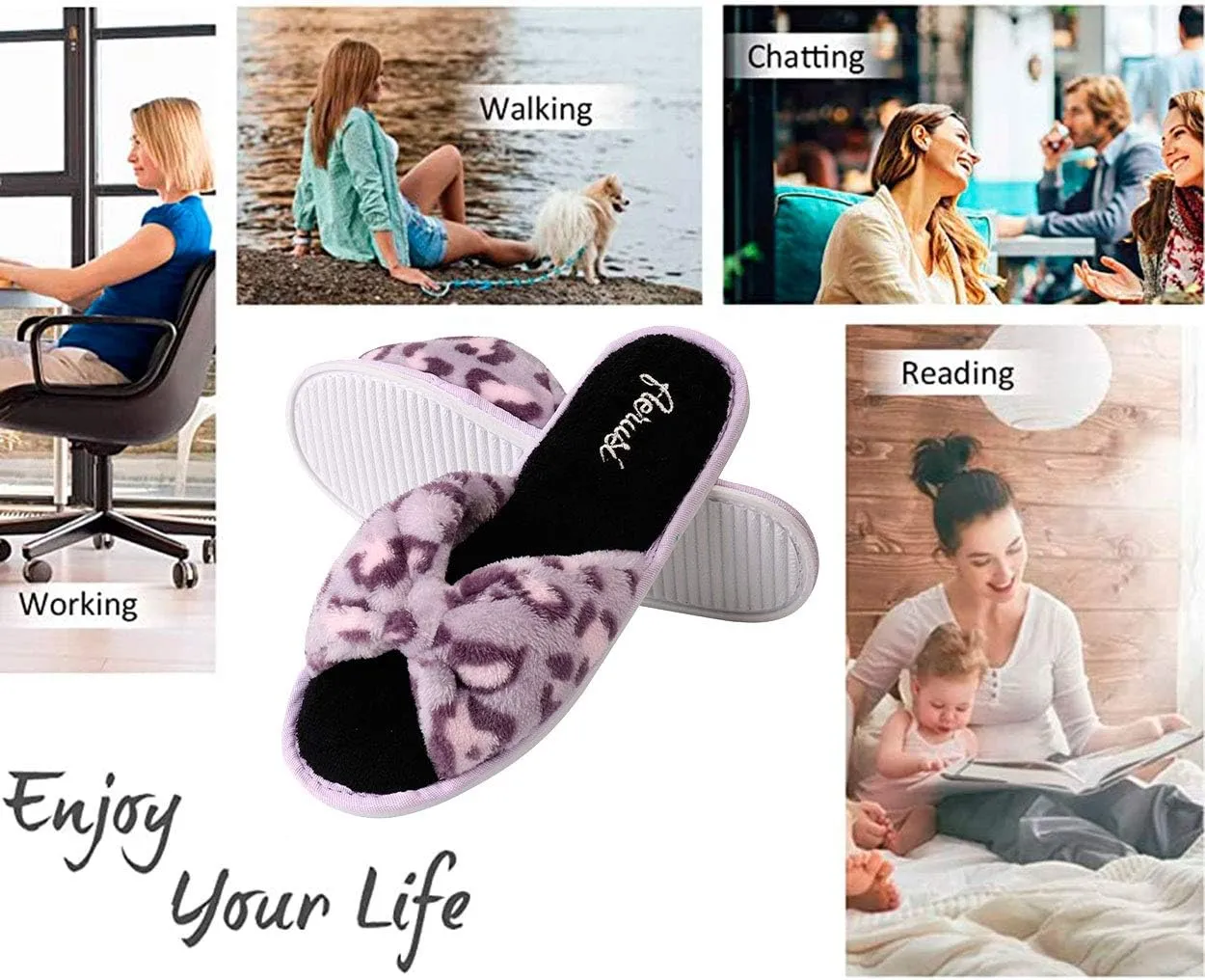 Womens Plush Terry Open Toe Memory Foam Spa Slippers Rubber Sole Bowknot House Slides for Women