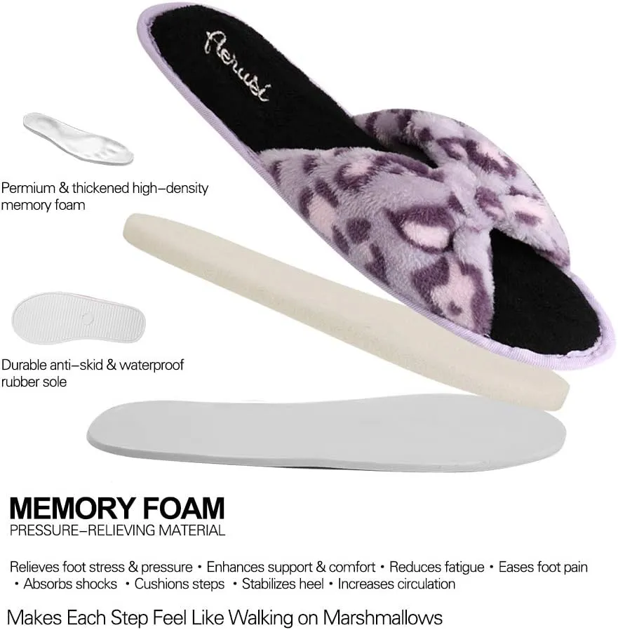 Womens Plush Terry Open Toe Memory Foam Spa Slippers Rubber Sole Bowknot House Slides for Women