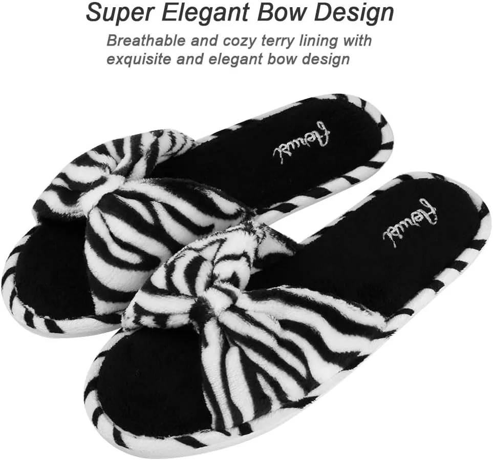 Womens Plush Terry Open Toe Memory Foam Spa Slippers Rubber Sole Bowknot House Slides for Women