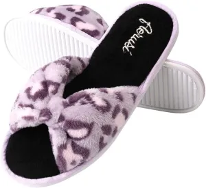 Womens Plush Terry Open Toe Memory Foam Spa Slippers Rubber Sole Bowknot House Slides for Women