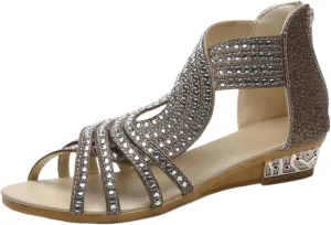 Women's Sandal Comfortable Gladiator Sandals Open Toe Shiny Rhinestone Bling Jeweled Shoes Back Zipper Low Wedge Walking Shoes Casual & Dressy Summer Shoe